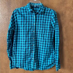 Blue & Turquoise Checkered Plaid Flannel Long Sleeve Button Down Shirt Size S